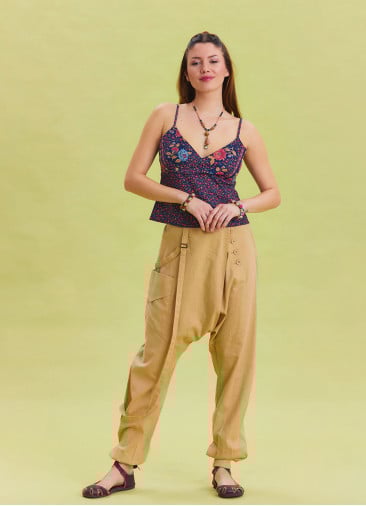 Rope Detailed Buttoned Elastic Waist Camel Bohemian Trousers 4557